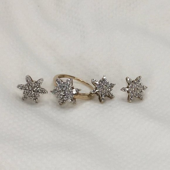 10k Diamond Ring/Earrings/Pendant Snowflake Set - Sz 5.5 - Great Winter Gift! - Picture 12 of 16